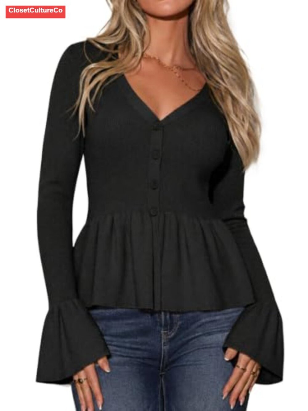 Women's V-Neck Peplum Cardigan Sweater Button Down Long Sleeve